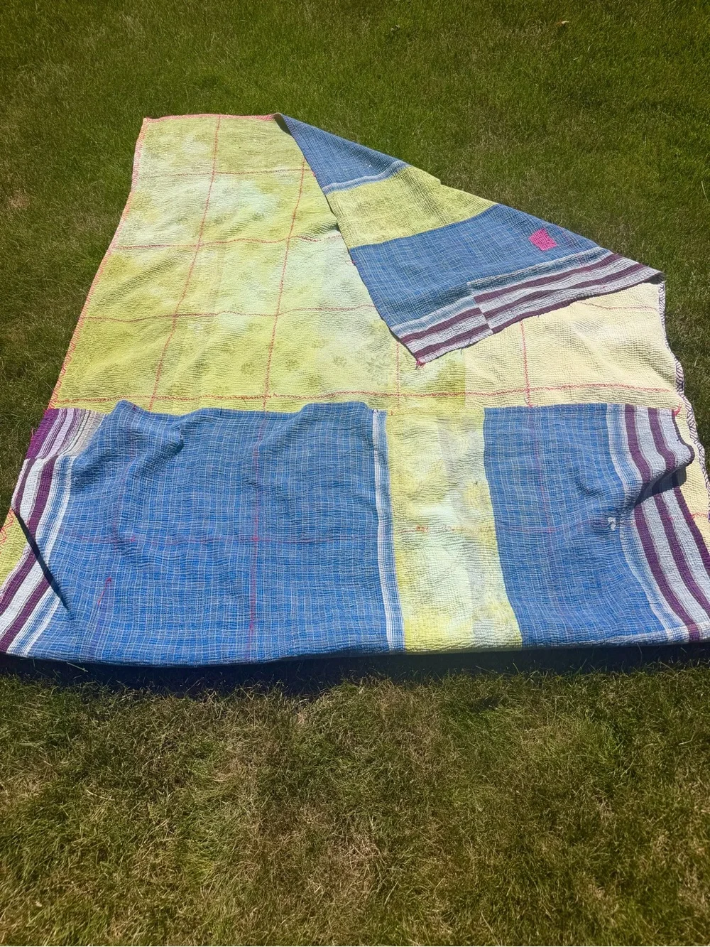 Handwoven Blue and Lime Kantha Throw with Pink Patches